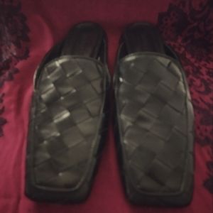 Napoleoni women's black leather woven, flat, slip on mules